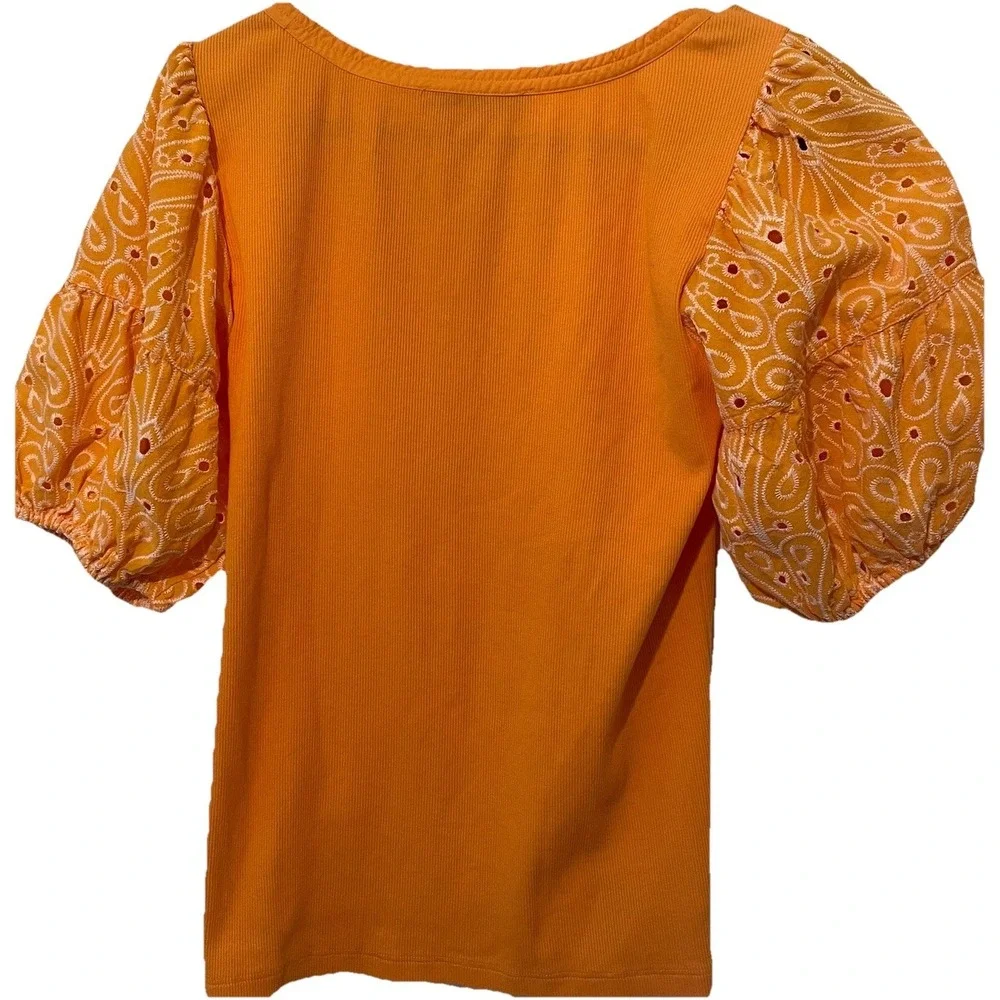 LOFT Orange‎ Eyelet Puff Sleeve Embroidered Boho Cottagecore Top Medium